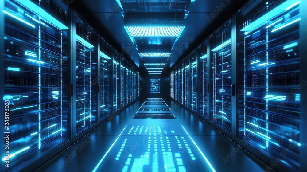 Aufkleber A futuristic data center with glowing blue lights and digital data streams, representing AI, cloud computing, and cybersecurity. Ideal for tech and IT concepts
