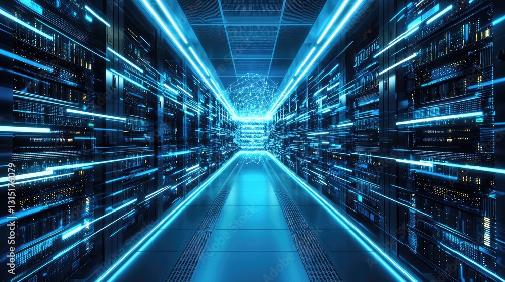 Poster A futuristic data center with glowing blue lights, fast data streams, and an AI network, symbolizing cloud computing and cybersecurity. Ideal for tech and IT concepts