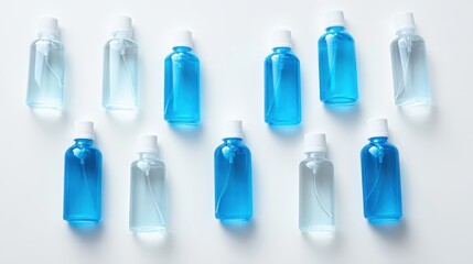 A set of hand sanitizers and disinfectant sprays on a white isolated background