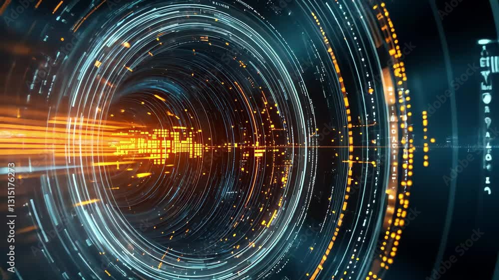 Poster futuristic digital tunnel with glowing lines and circles representing advanced technology concepts, 