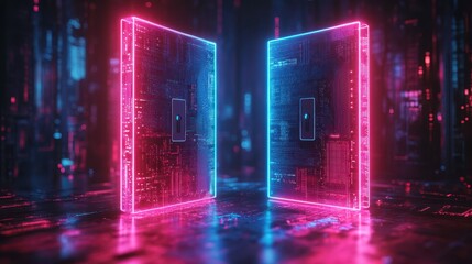 Dynamic digital interface interaction futuristic tech environment 3d visualization neon glow abstract concept