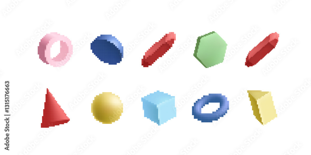 Aufkleber various geometric shapes with unique angles feature a pixelated style in diverse vibrant colors.