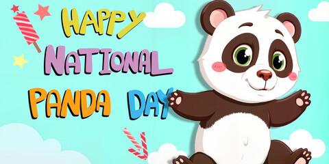Cartoon panda character with colorful National Panda Day celebration text - perfect for children's education, conservation awareness, social media posts, and event promotions