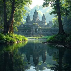 Fototapeta premium Ancient Temple in Mystical Green Forest