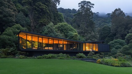 Obraz premium Tranquil forest retreat, a secluded house embraced by nature's canopy secluded