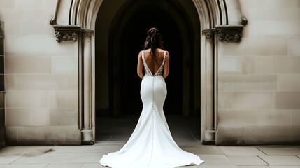 Obraz premium Bride in a mermaid-style wedding dress at historic venue entrance