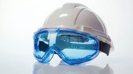 Naklejka premium A close-up of a hard hat and safety goggles on a white isolated background