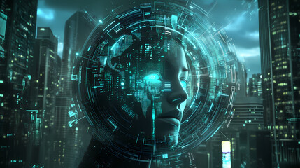 Future-looking timepiece visage with digital data all around it is counting down. Surreal - City. Illustration