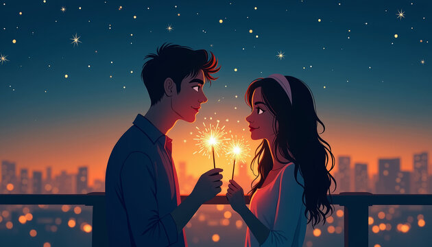 Romantic couple holding sparklers under a starry sky, love celebration