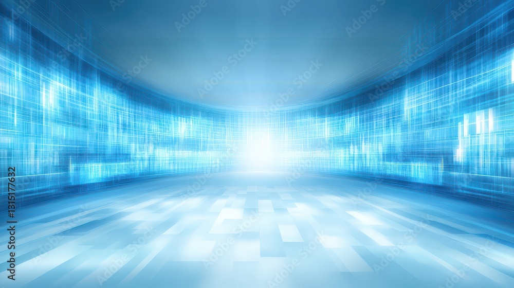 Poster abstract blue technology background with luminous light trails and digital network grid design