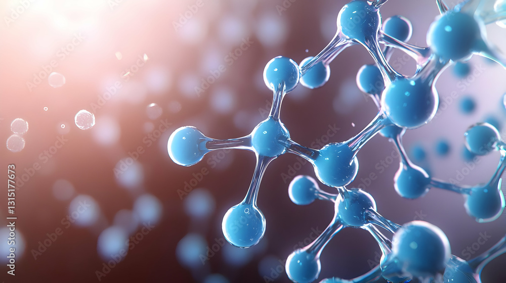Poster 3d render of an abstract molecular structure with interconnected blue spheres and a dark background 