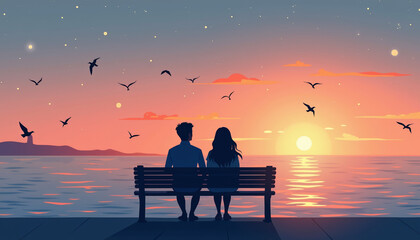 Obraz premium Affectionate couple sharing sunset moment on seaside bench, love