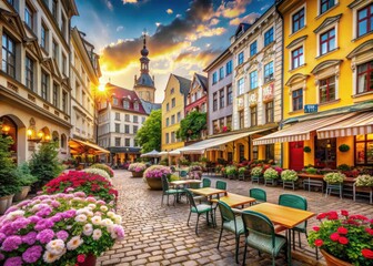 Obraz premium Riga Old Town Street Cafe Charm: Picturesque Cobblestone Streets, Baltic Architecture, Charming Cafes