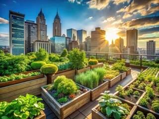 Fototapeta premium Rooftop Garden, Urban Farming, Cityscape, Green Plants, Highrise, Vertical Farming, Sustainable Agriculture, Balcony Garden, Edible Plants, Greenery, Skyline Photography