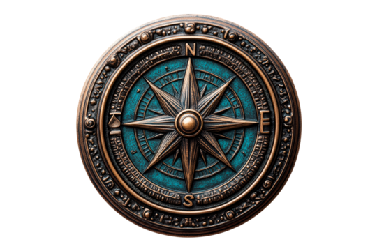 Bronze compass with a star isolated on transparent background