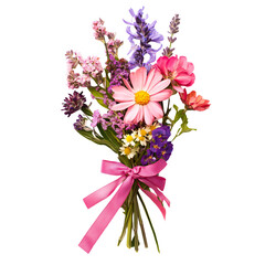 Obraz premium a bouquet of flowers with a pink ribbon