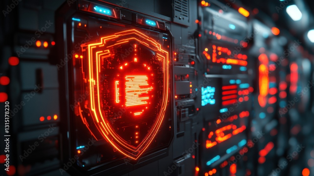 Poster cybersecurity action protecting data with advanced shield technology in digital landscape futuristic