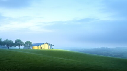 Solitary house on hill, serene landscape panorama