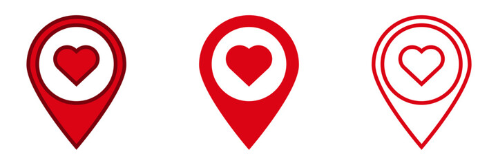 Collection of three heart-shaped location symbols in bold red, representing love and connection.
