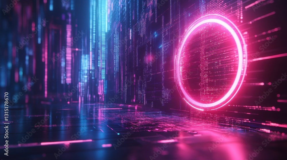 Poster dynamic neon light display futuristic digital space visual art cyber environment side view technolog