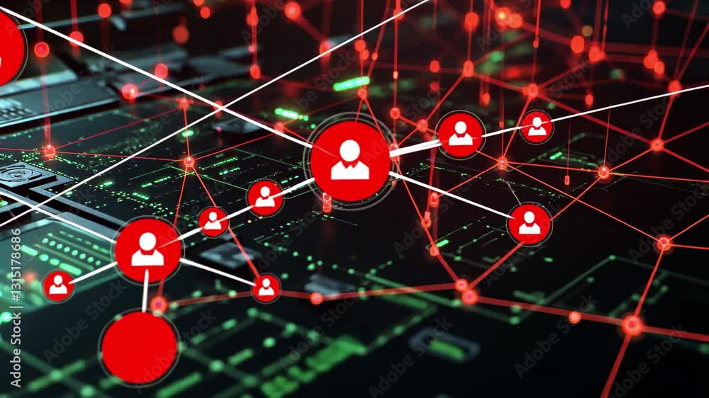 Poster scanning the network of connections with red and green nodes over a dark background, scope scanning 