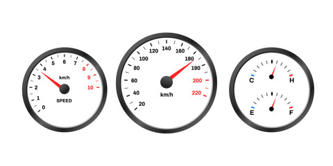 Three gauges display speed in kmh fuel level from e to f and engine temperature from c to h.