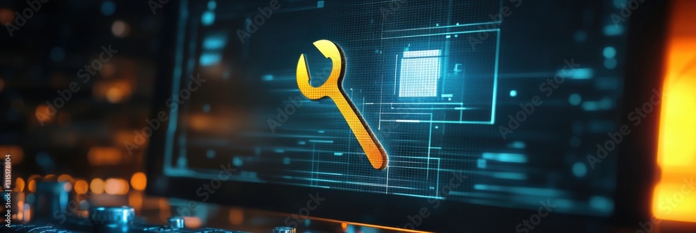 Fototapete Simple monitor icon with wrench and nut overlay signifying computer repair services and offers clear space for text above