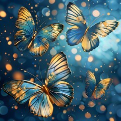 Elegant Blue and Gold Butterflies in a Sparkling Night