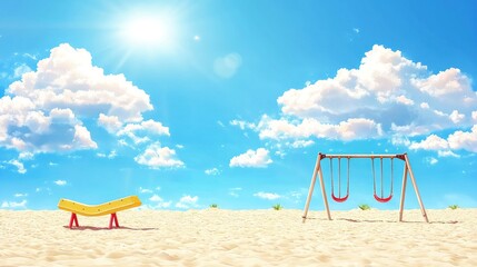 Fototapeta premium Sunny playground swings and bench on sandy beach