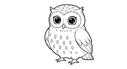 Fototapeta premium Cute Cartoon Owl Standing Black and White Line Art Illustration