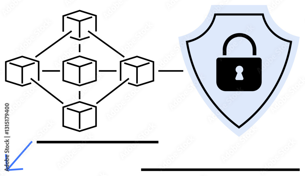 Poster connected blocks representing a blockchain network linked to a shield with a lock for data security.