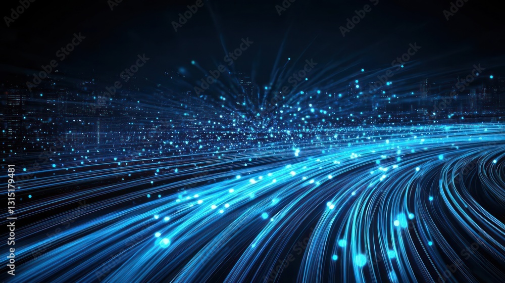 Poster abstract digital network of blue light streams with glowing particles representing data transmission