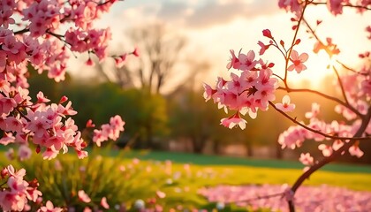 Blossoming beauty: Pink cherry blooms in the glow of the setting sun