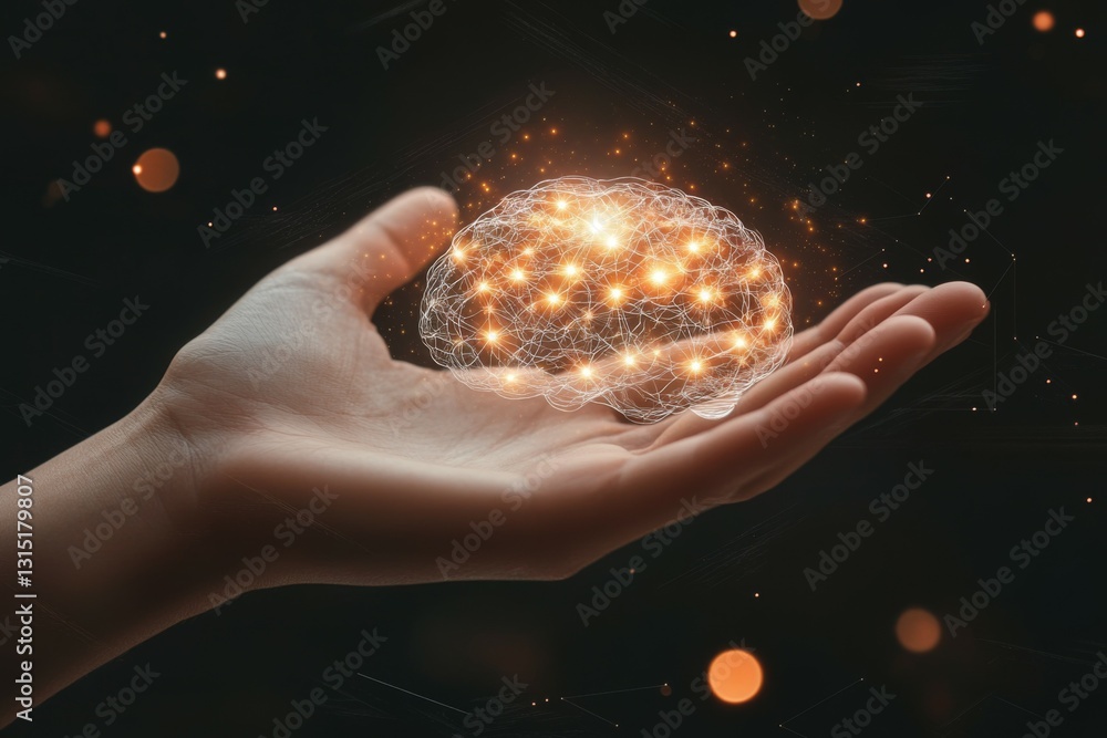 Poster exploration of generative ai showcasing a luminous brain held in an open hand against a dark backdro