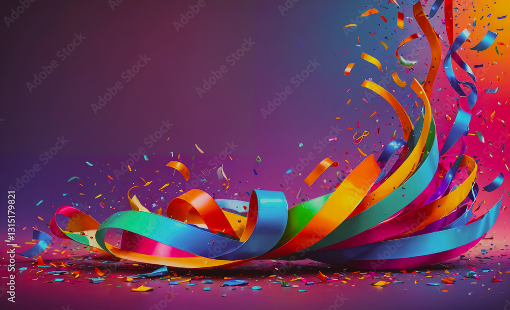 Poster colorful ribbon with a lot of confetti on it. the ribbon is in a spiral shape and is very colorful