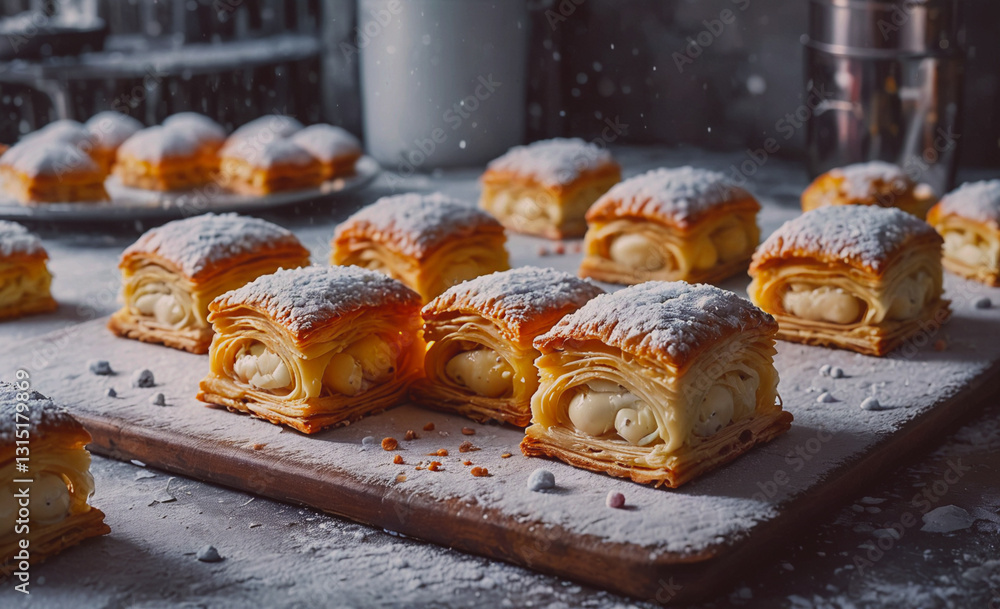 Poster Tray of pastries with powdered sugar on top. The pastries are arranged in a neat row, and there are several of them on the tray