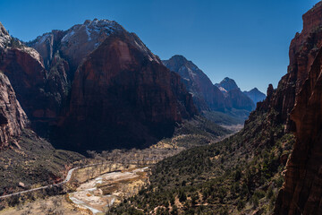 Scenic lookout in Zion National Park from Angels Landing with sunny clear sky
