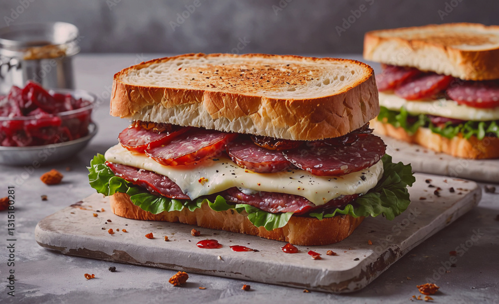 Poster sandwich with meat and lettuce sits on a wooden table. the sandwich is cut in half and has a generou
