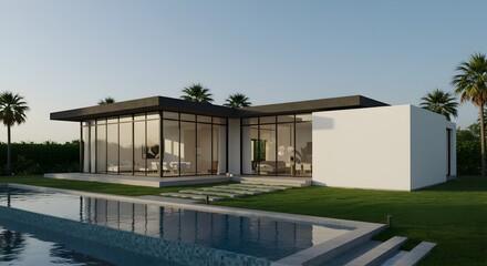 Modern villa with pool and glass walls at sunset, luxury lifestyle