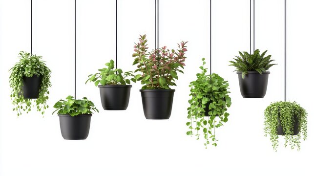 A collection of hanging garden pots with plants on a white isolated background