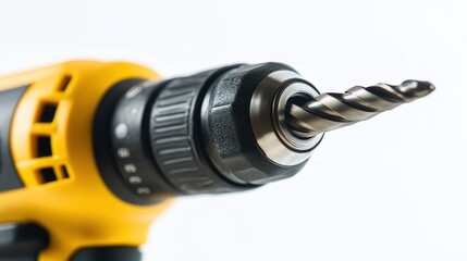 A close-up of a power drill with a drill bit inserted on a white isolated background
