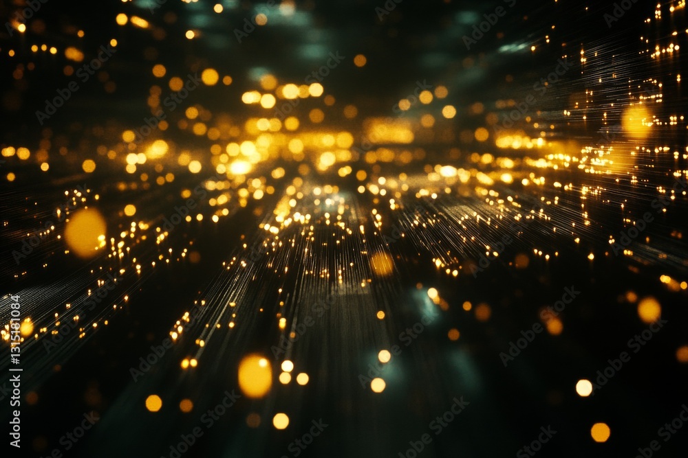 Poster abstract light particles creating a dynamic energy flow in a dark space with golden bokeh effect
