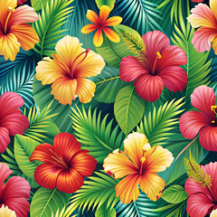 Fototapeta premium Vibrant Tropical Flowers and Leaves Seamless Pattern