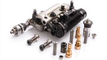 A close-up of a fuel injector with engine components on a white isolated background