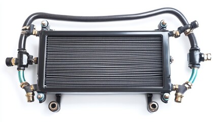 Fototapeta premium A close-up of a car engine radiator with hoses and metal fittings on a white isolated background