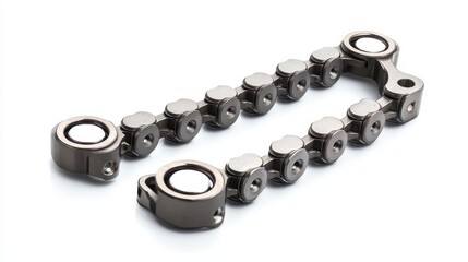 A close-up of a car engine timing chain with sprockets on a white isolated background