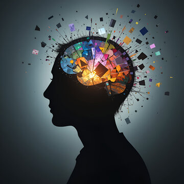 a dark silhouette of a head with an open mind fragmented pieces of colorful light and abstract shapes emerging depicting complex thoughts and subconscious wonders