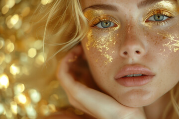 Stunning Portrait of a Woman with Golden Glitter Makeup