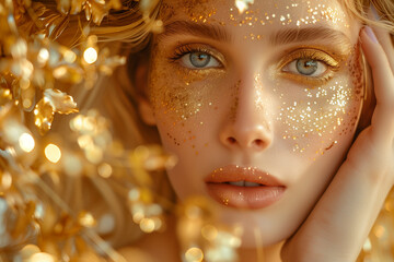 Glamorous Woman with Golden Glitter Makeup and Sparkling Details