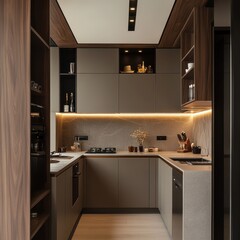 A modern and elegant kitchen showcases cabinets and appliances inside